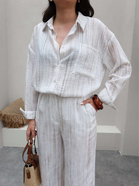طقم قميص وبنطلون من الكتان - أبيض