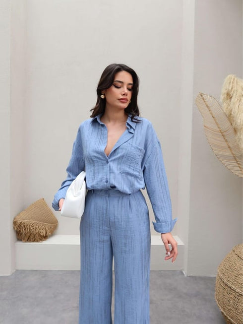 طقم قميص وبنطلون من الكتان - أزرق فاتح