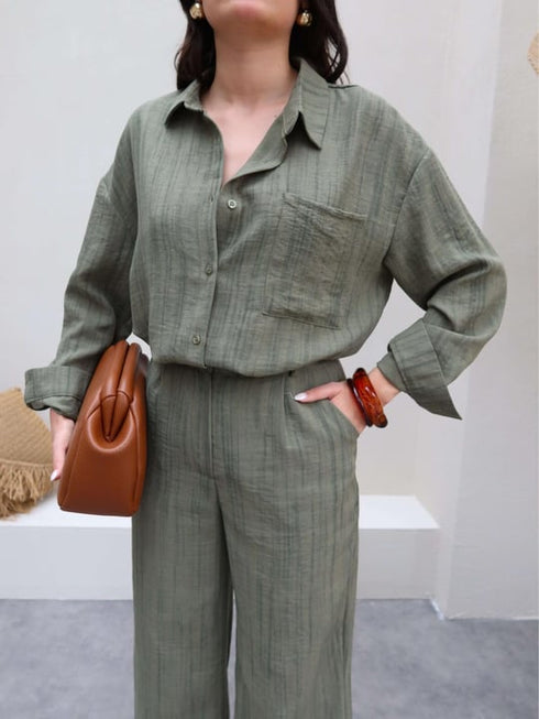 طقم قميص وبنطلون من الكتان - زيتي