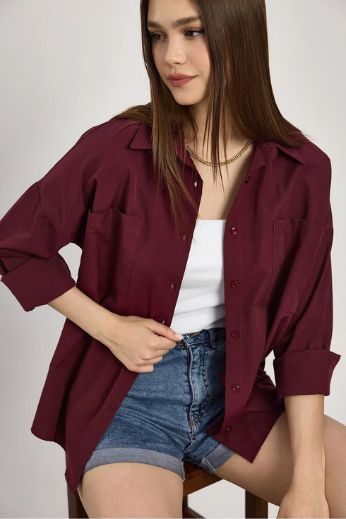 قميص طويل اوفر سايز باللون العنابي