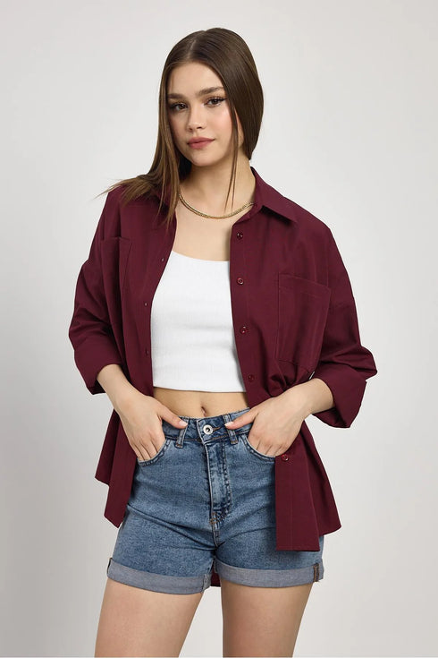 قميص طويل اوفر سايز باللون العنابي