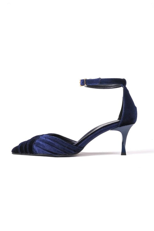 حذاء مخمل كعب عالي باللون الأزرق الغامق