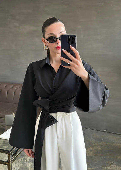 قميص قصير مربوط باللون الأسود