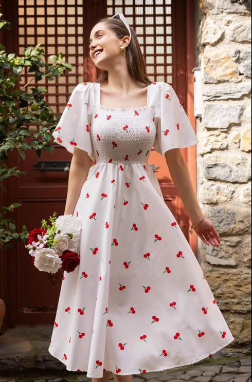 فستان بنقشة الكرز - أبيض