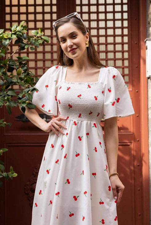 فستان بنقشة الكرز - أبيض