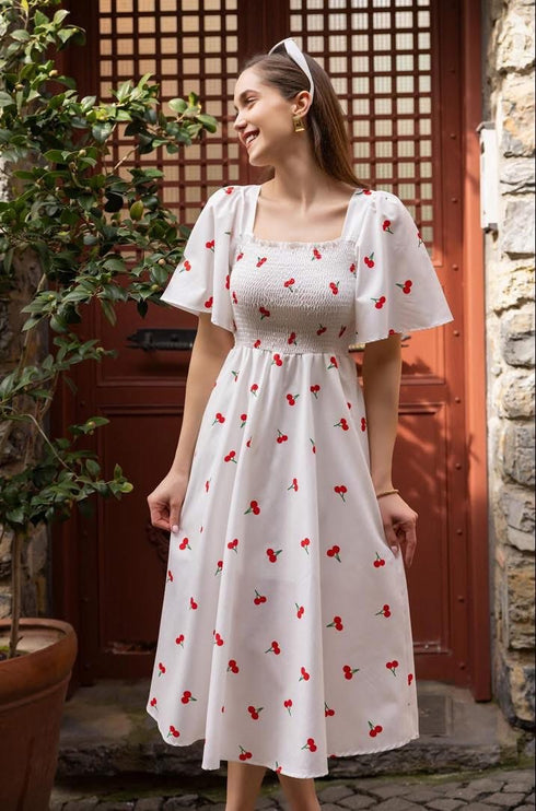 فستان بنقشة الكرز - أبيض