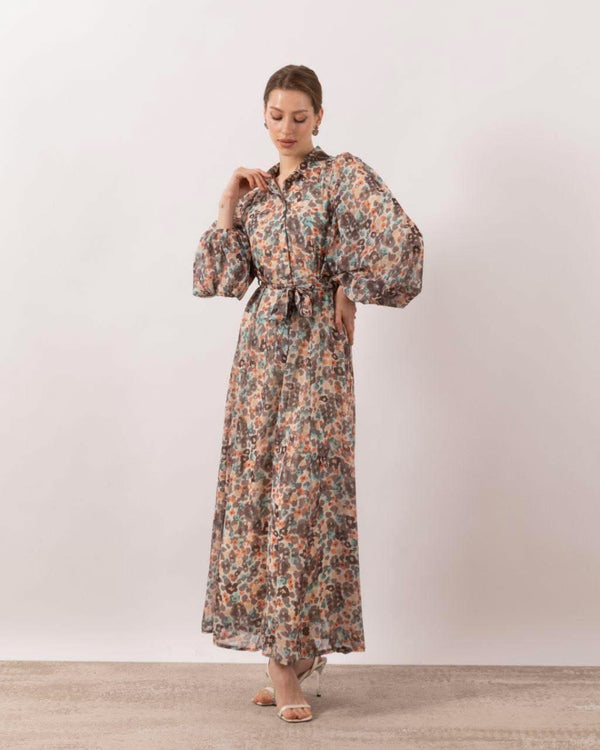 فستان طويل من الشيفون بنقشة الزهور - بيج