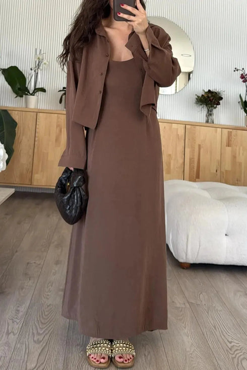 طقم فستان مع قميص - بني