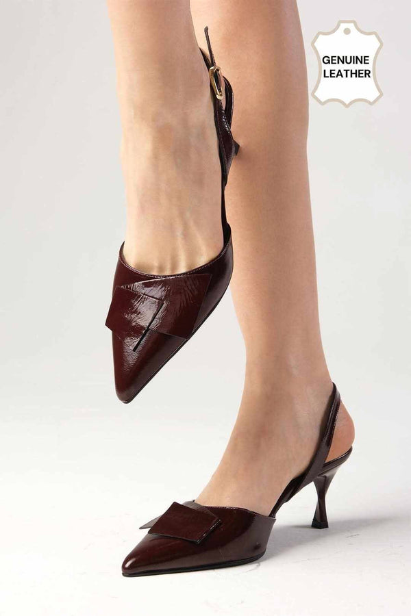 حذاء جلد حقيقي لامع بكعب - لون عنابي