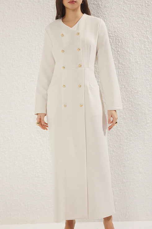 فستان نسائي بيج بأزرار ذهبية