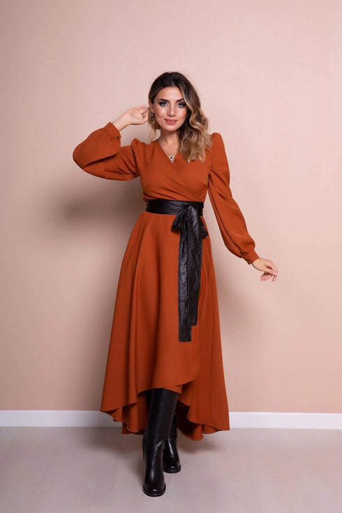 فستان مع حزام- قرميدي