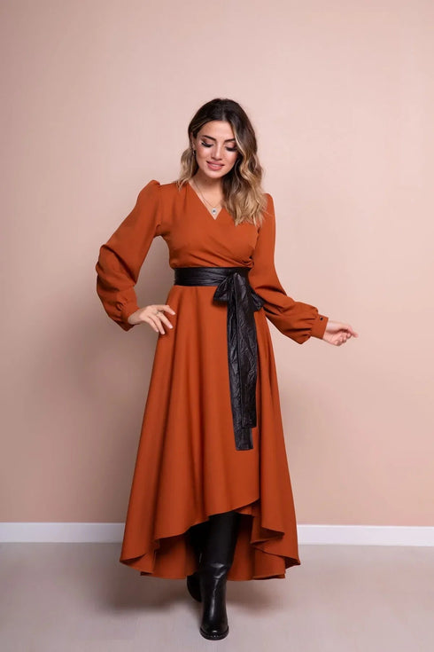 فستان مع حزام- قرميدي