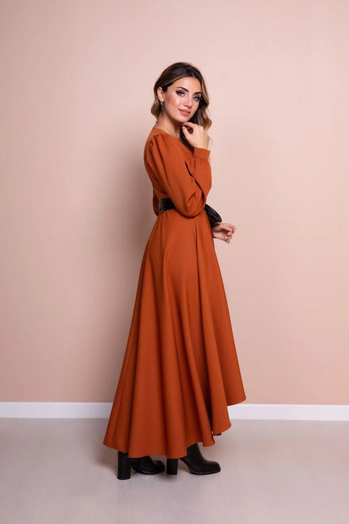 فستان مع حزام- قرميدي