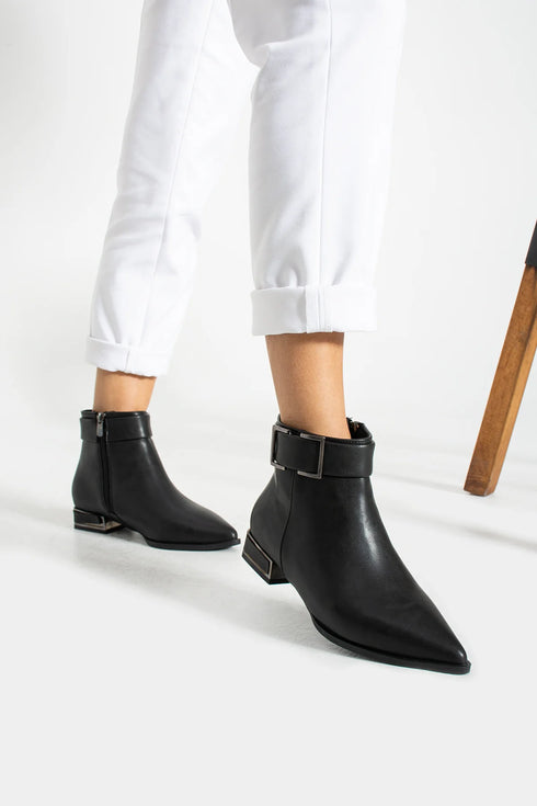 Black Buckle Detail Short Boots