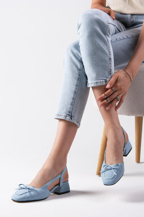 Blue Color Denim Fabric Short Heeled Shoes