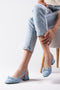 Blue Color Denim Fabric Short Heeled Shoes