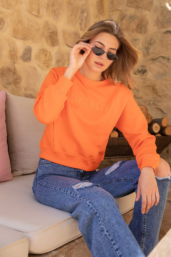 Slogan Embroidered Sweat - ORANGE