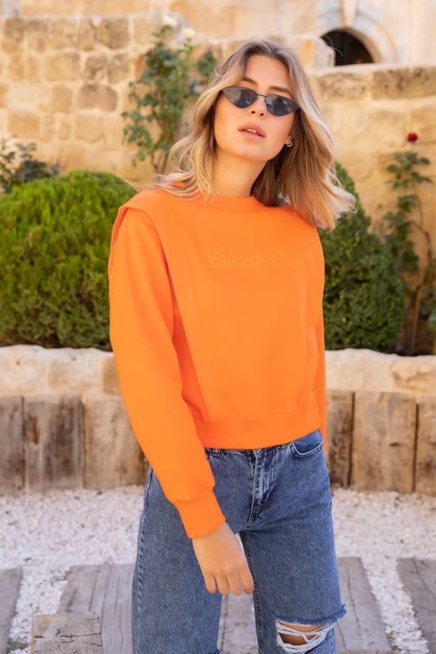 Slogan Embroidered Sweat - ORANGE