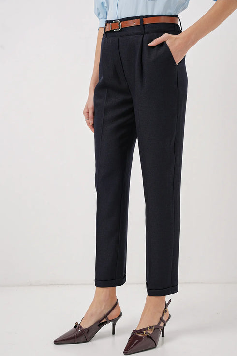 بنطلون قماش بحزام - أزرق غامق