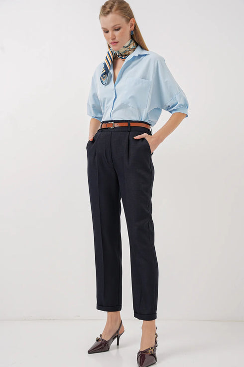 بنطلون قماش بحزام - أزرق غامق