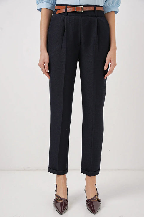 بنطلون قماش بحزام - أزرق غامق