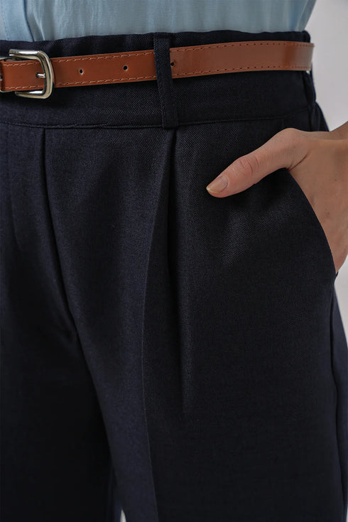 بنطلون قماش بحزام - أزرق غامق