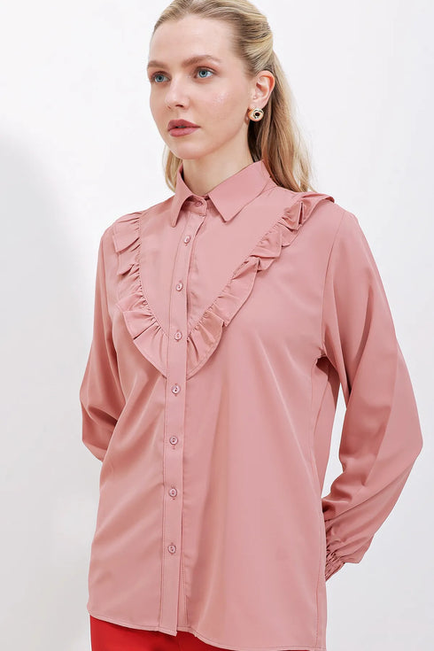 قميص بأكمام طويلة مكشكش - وردي