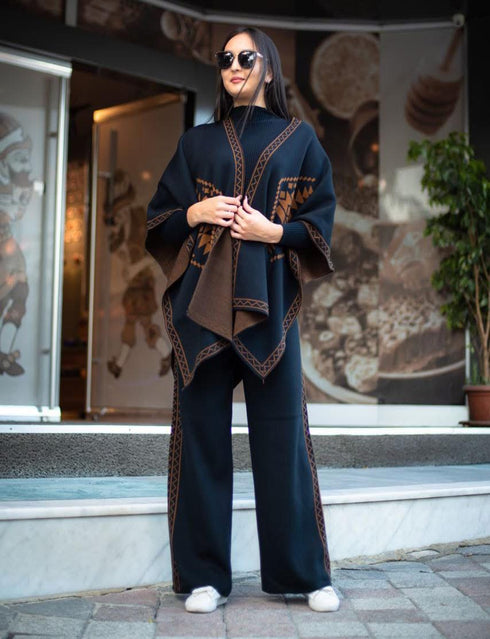 طقم نسائي محبوك من 3 قطع - كحلي *