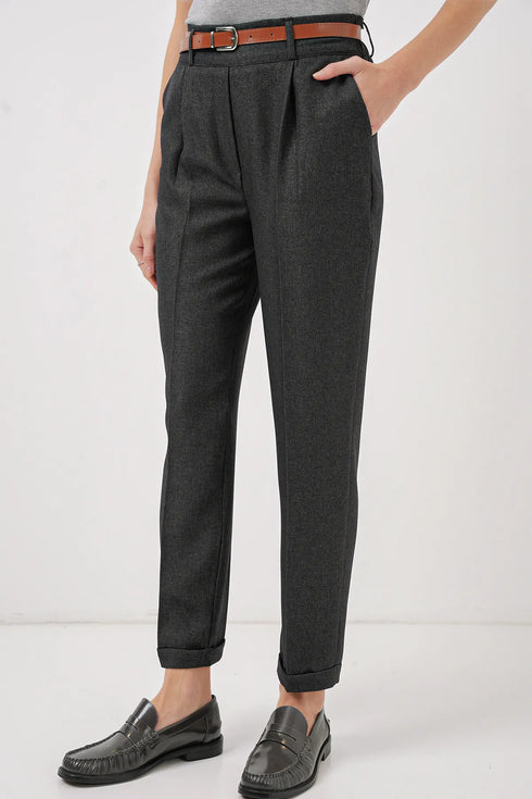 بنطلون قماش بحزام - رمادي