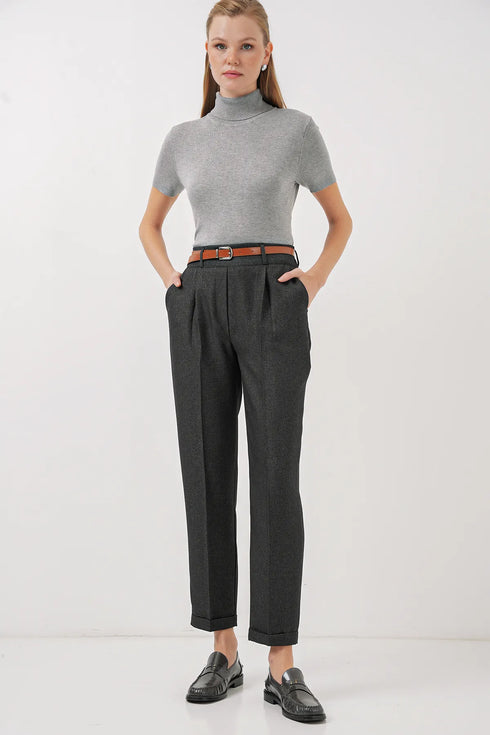 بنطلون قماش بحزام - رمادي