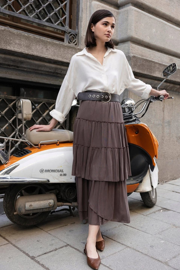 تنورة طويلة باللون البني - بدون حزام