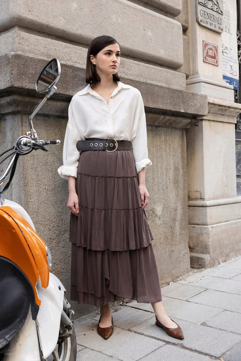 تنورة طويلة باللون البني - بدون حزام