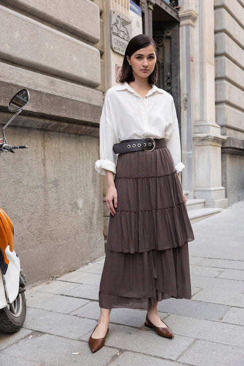 تنورة طويلة باللون البني - بدون حزام