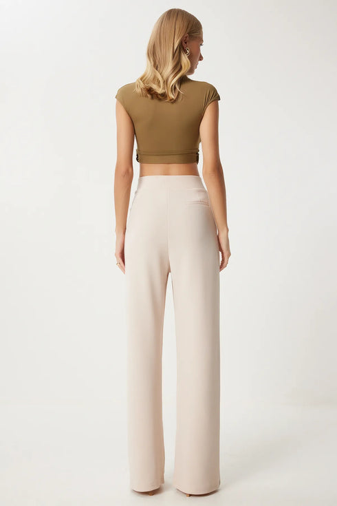 بنطلون نسائي بخصر عالي - كريمي