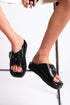 Genuine Leather Black Buckle Slippers