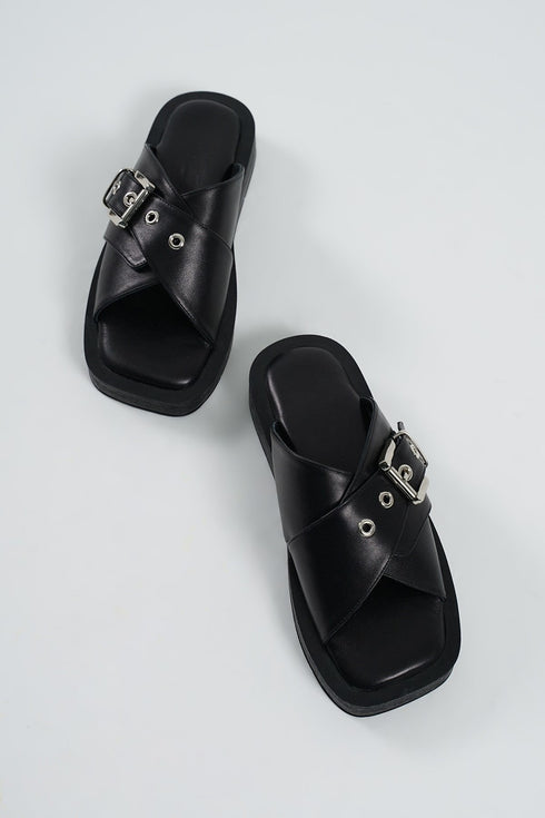 Genuine Leather Black Buckle Slippers