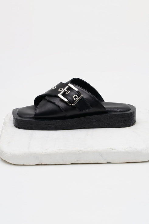 Genuine Leather Black Buckle Slippers