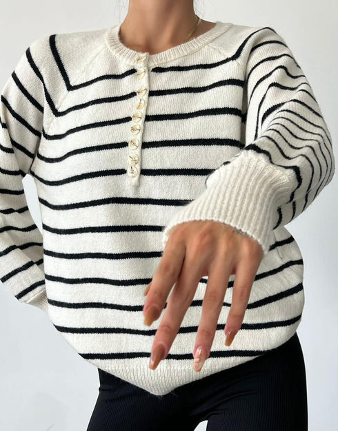 WHITE WIDE BLACK STRIPED KNITWEAR SWEATER