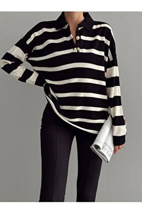 Polo Neck Striped Sweater - Black