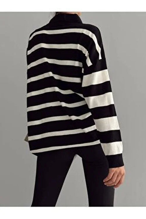 Polo Neck Striped Sweater - Black