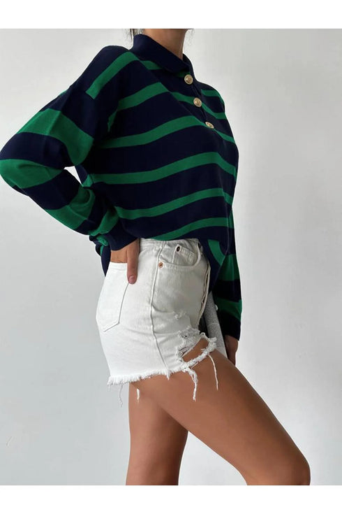 Polo Neck Striped Sweater - Green
