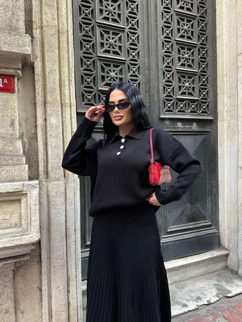 طقم صوف قطعتين - أسود *