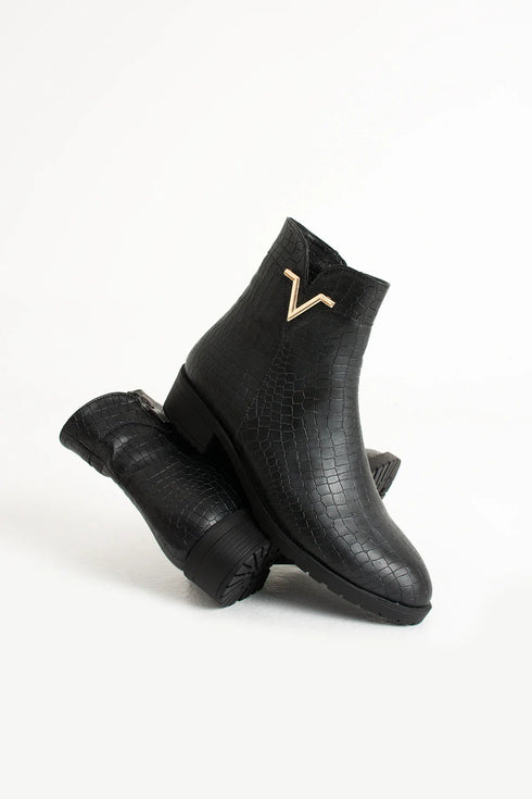 Black Leather Patterned Boots