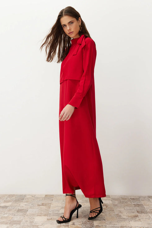 فستان نسائي بتفاصيل ربطة عنق - أحمر