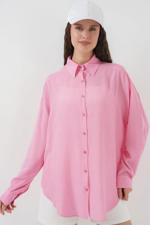 قميص نسائي مخطط اوفر سايز - وردي