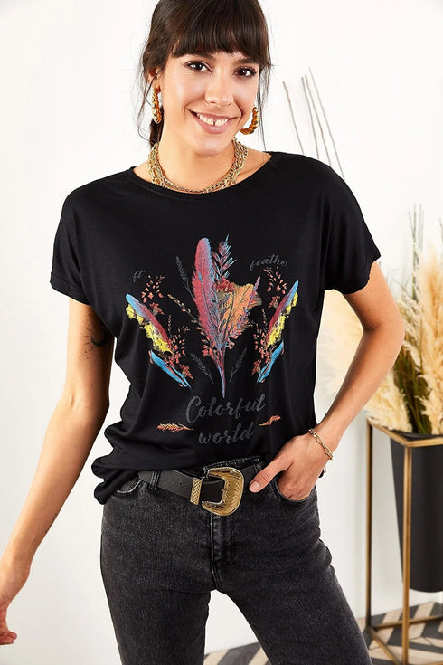 Women Black Feathered T-Shirt