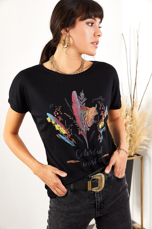 Women Black Feathered T-Shirt