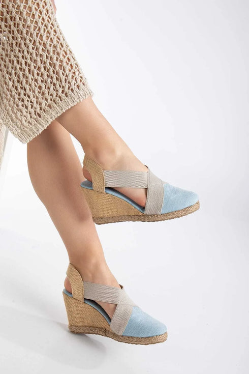 صندل كعب روكي من قماش الدنيم الأزرق