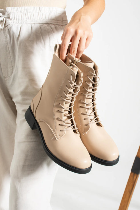 Beige Lace Up Boots
