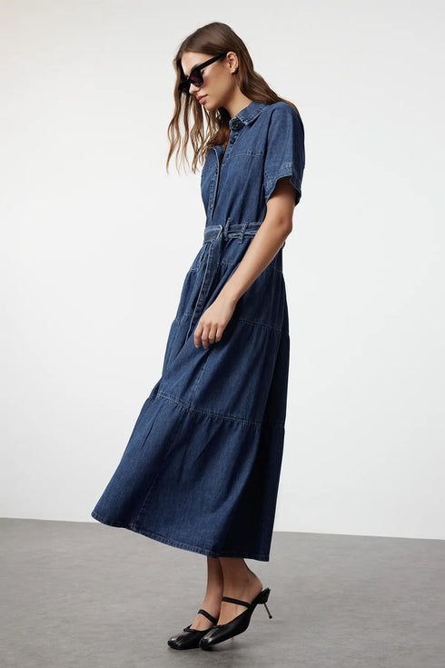 فستان جينز طويل بحزام